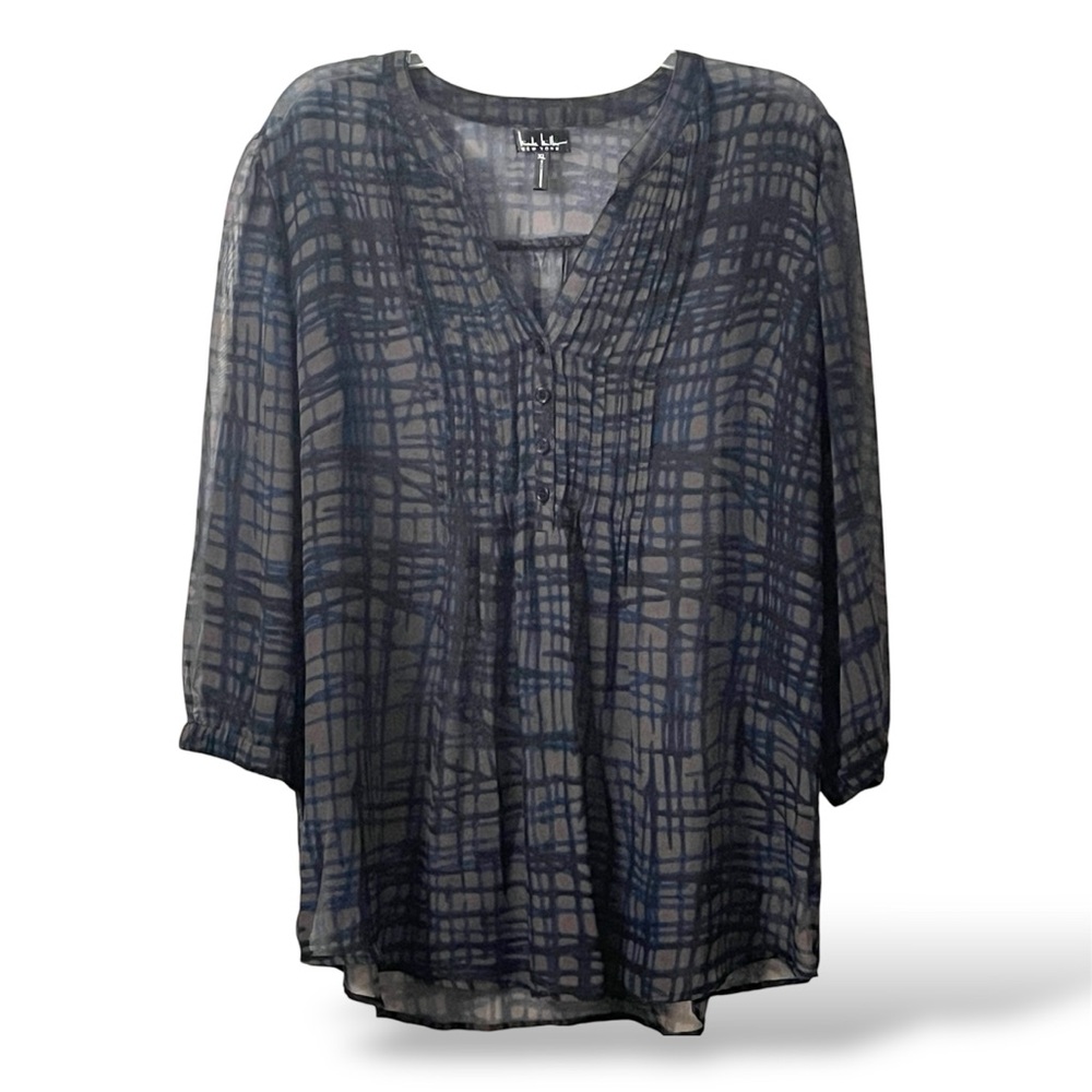 Gun-Metal Plaid Pintuck Chiffon Vneck Layering Tunic - Spring Nights Perfect